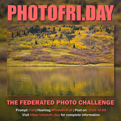 A golden autumn landscape reflected in a lake on the photofri.day Fall challenge prompt card.
